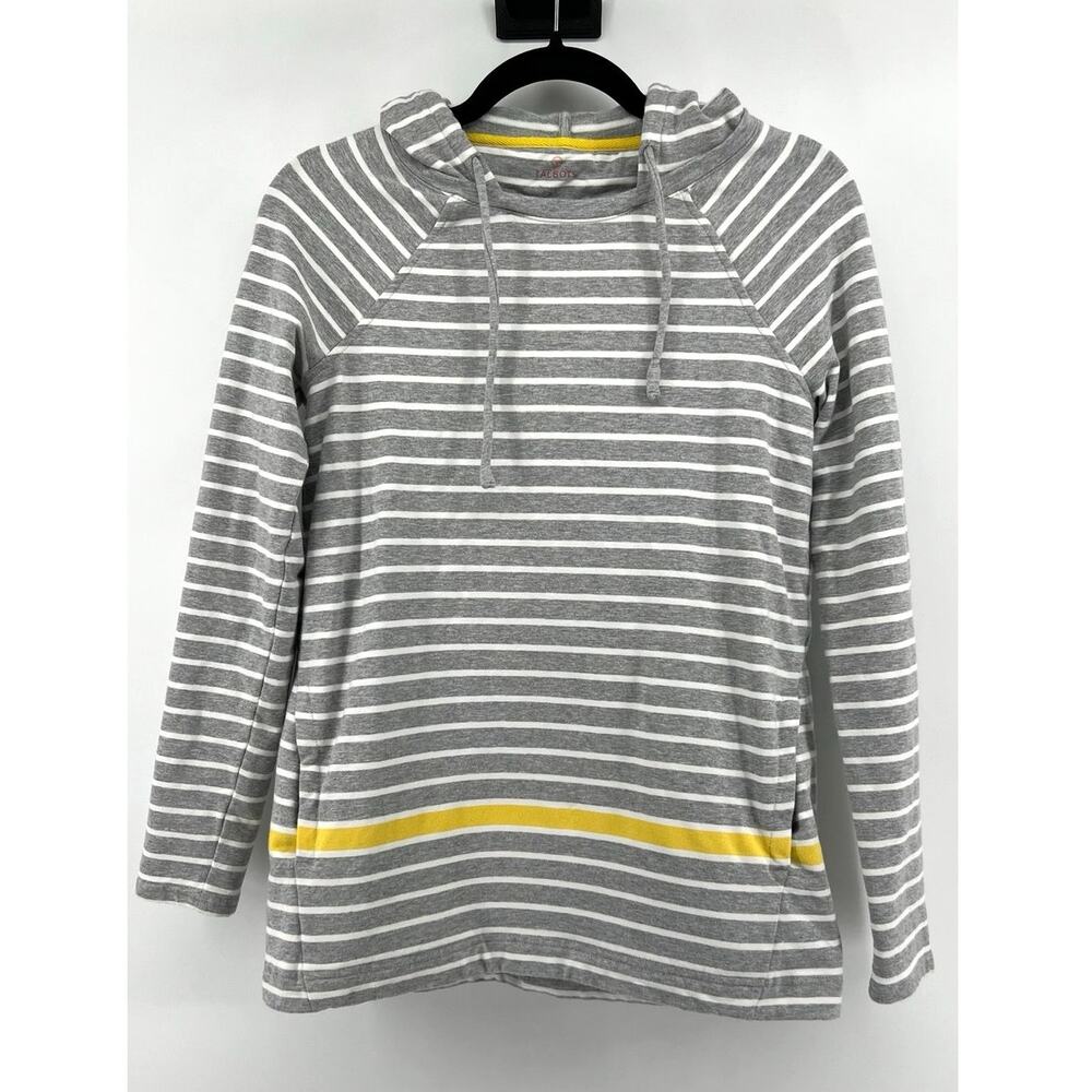 T by Talbots Striped Hooded Pullover Women's Size XS Gray Yellow Coastal Grandma